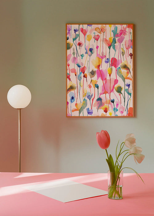Estampa botânica em aquarela com flores silvestres