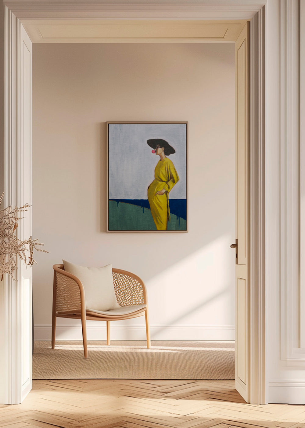 Design minimalista mulher com chapéu amarelo