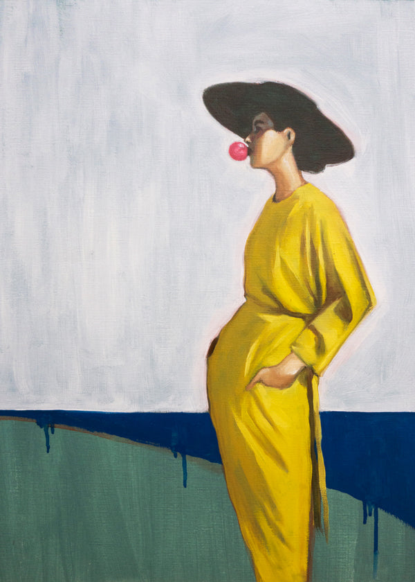 Design minimalista mulher com chapéu amarelo