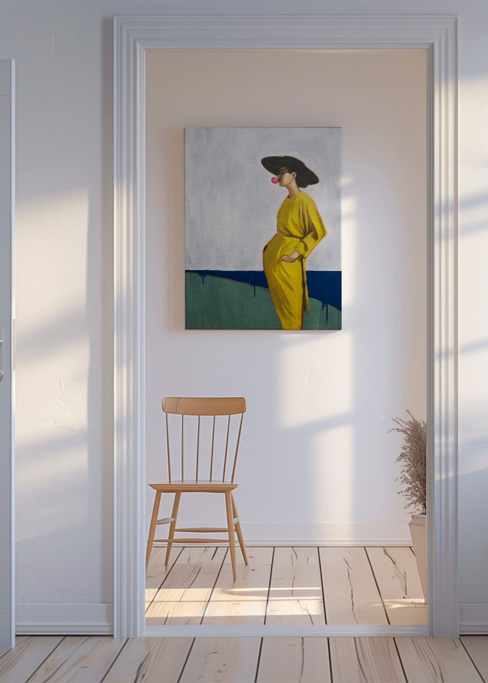 Design minimalista mulher com chapéu amarelo