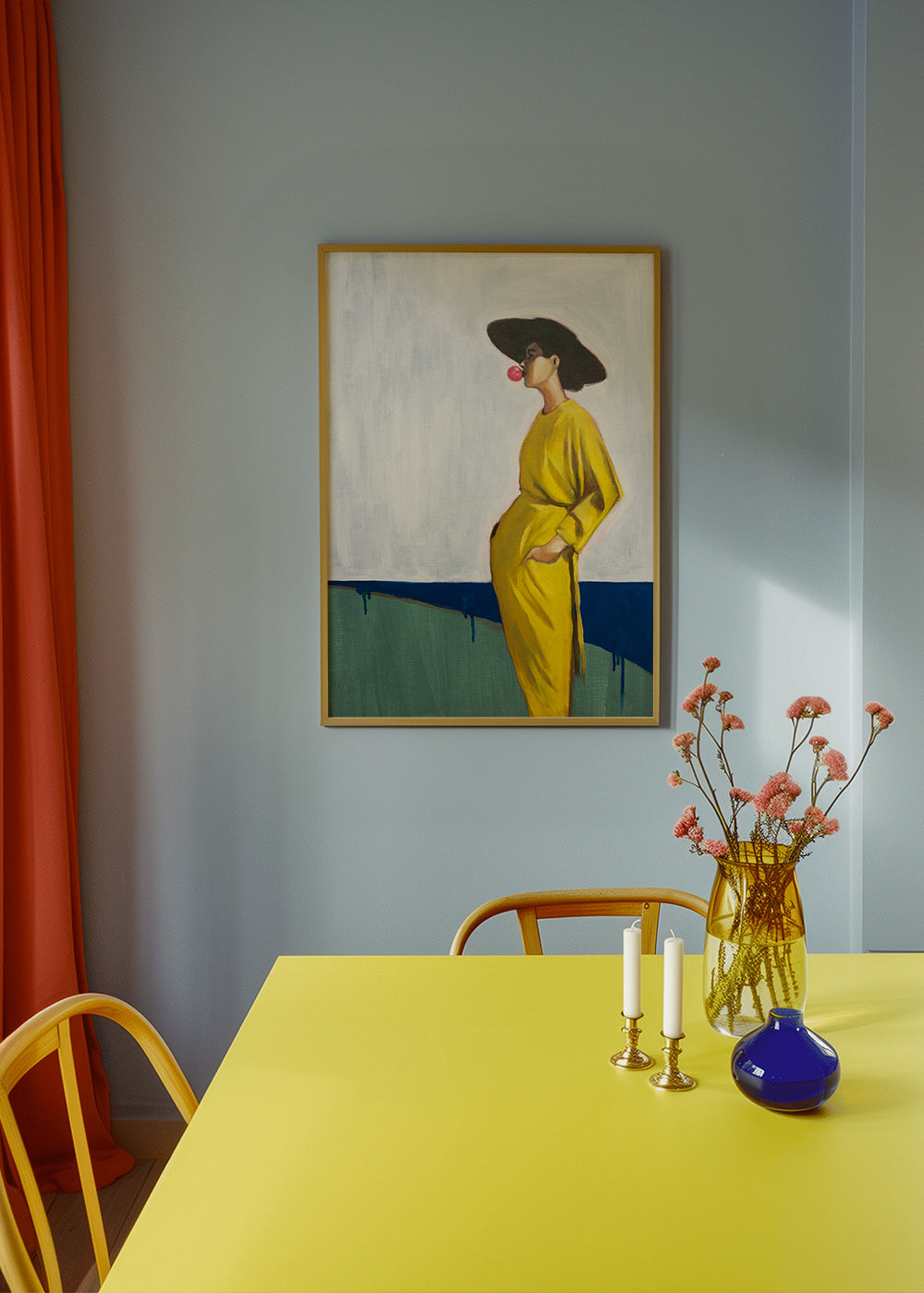 Design minimalista mulher com chapéu amarelo