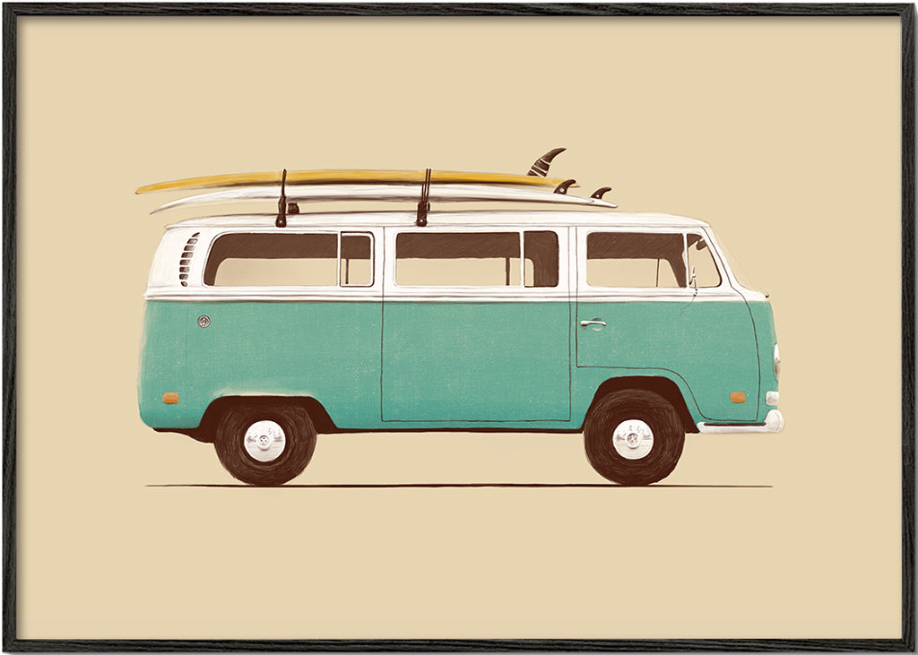 Poster vintage camper surf turquesa