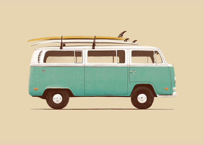 Poster vintage camper surf turquesa