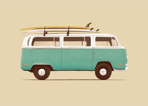 Poster vintage camper surf turquesa