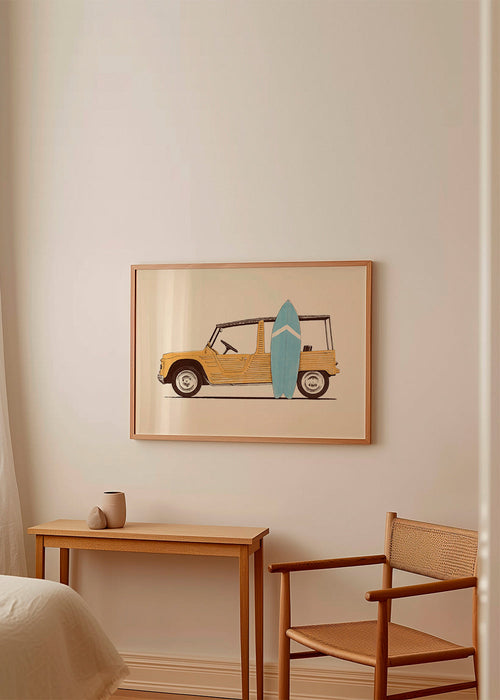 Quadro vintage carro com prancha de surf