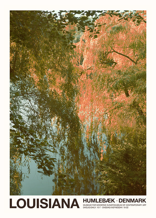 Quadro de paisagem com lago e reflexos rosados