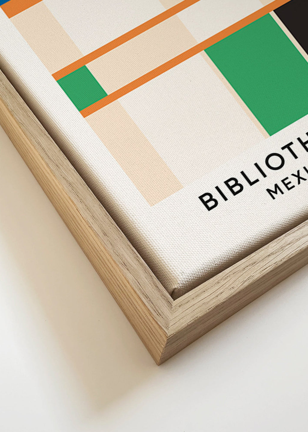 Quadro geométrico com blocos e tipografia 'Bibliothèque'