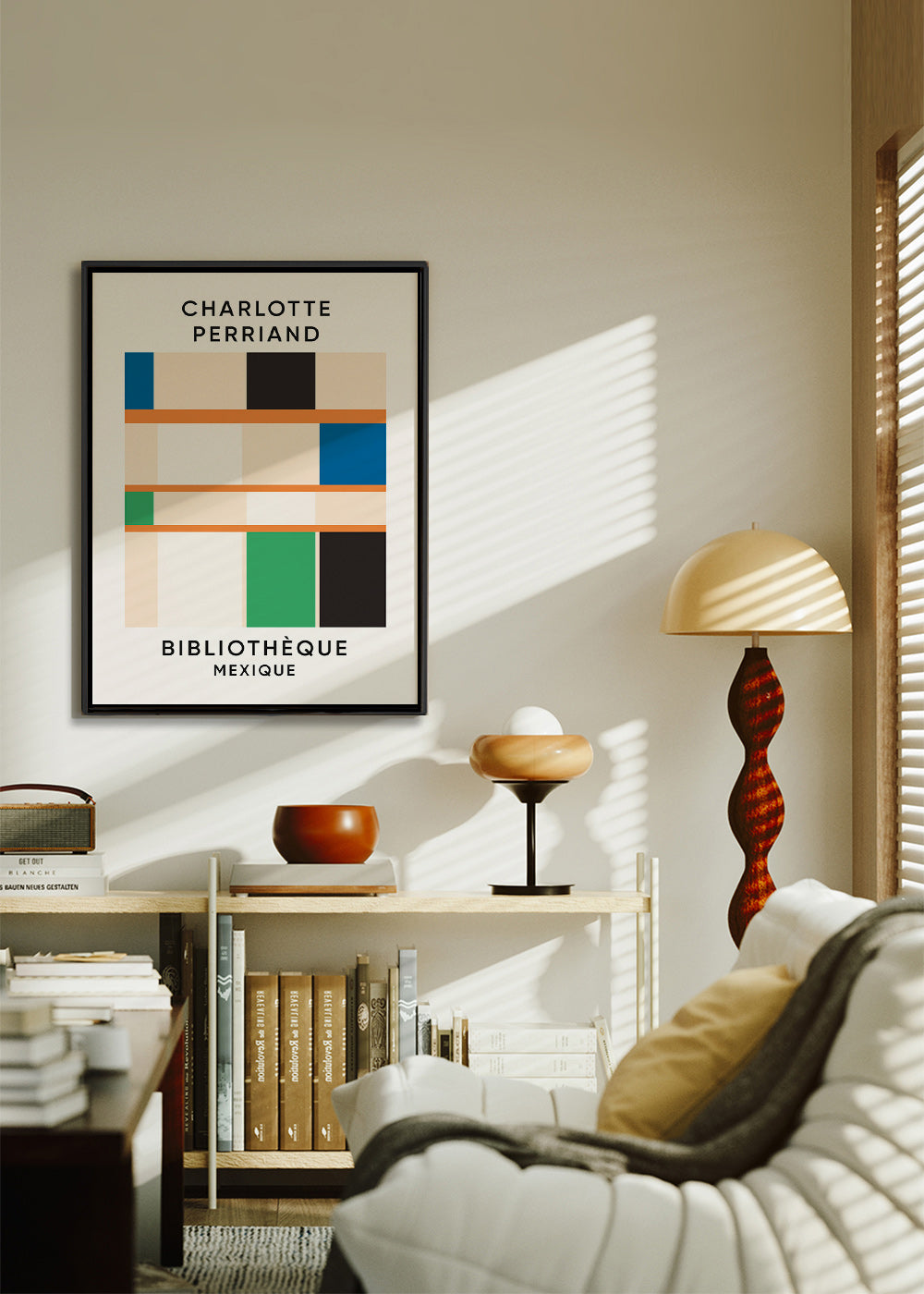 Quadro geométrico com blocos e tipografia 'Bibliothèque'