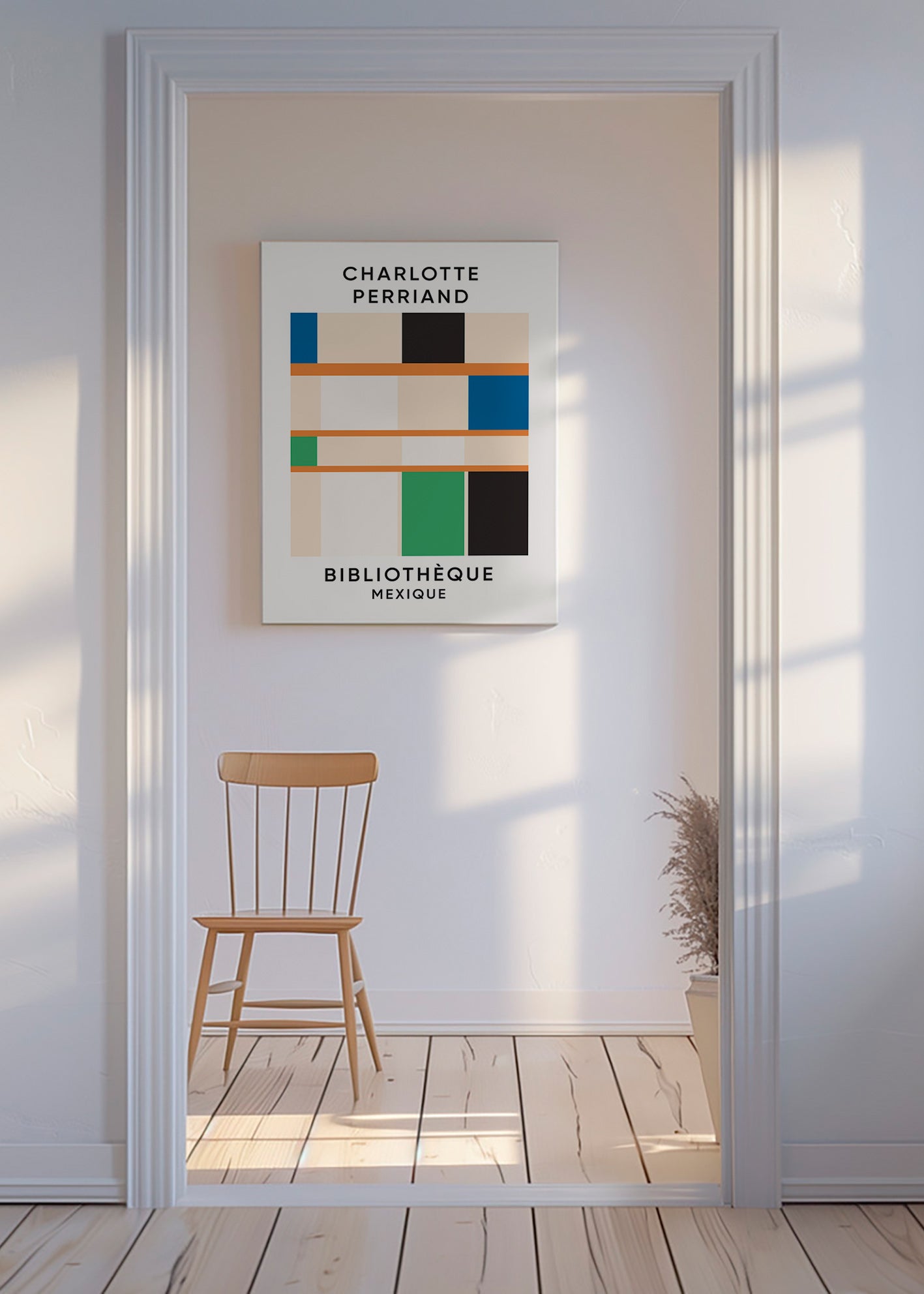 Quadro geométrico com blocos e tipografia 'Bibliothèque'