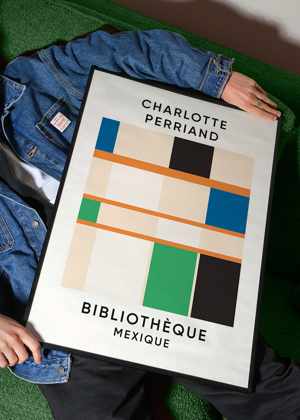 Quadro geométrico com blocos e tipografia 'Bibliothèque'