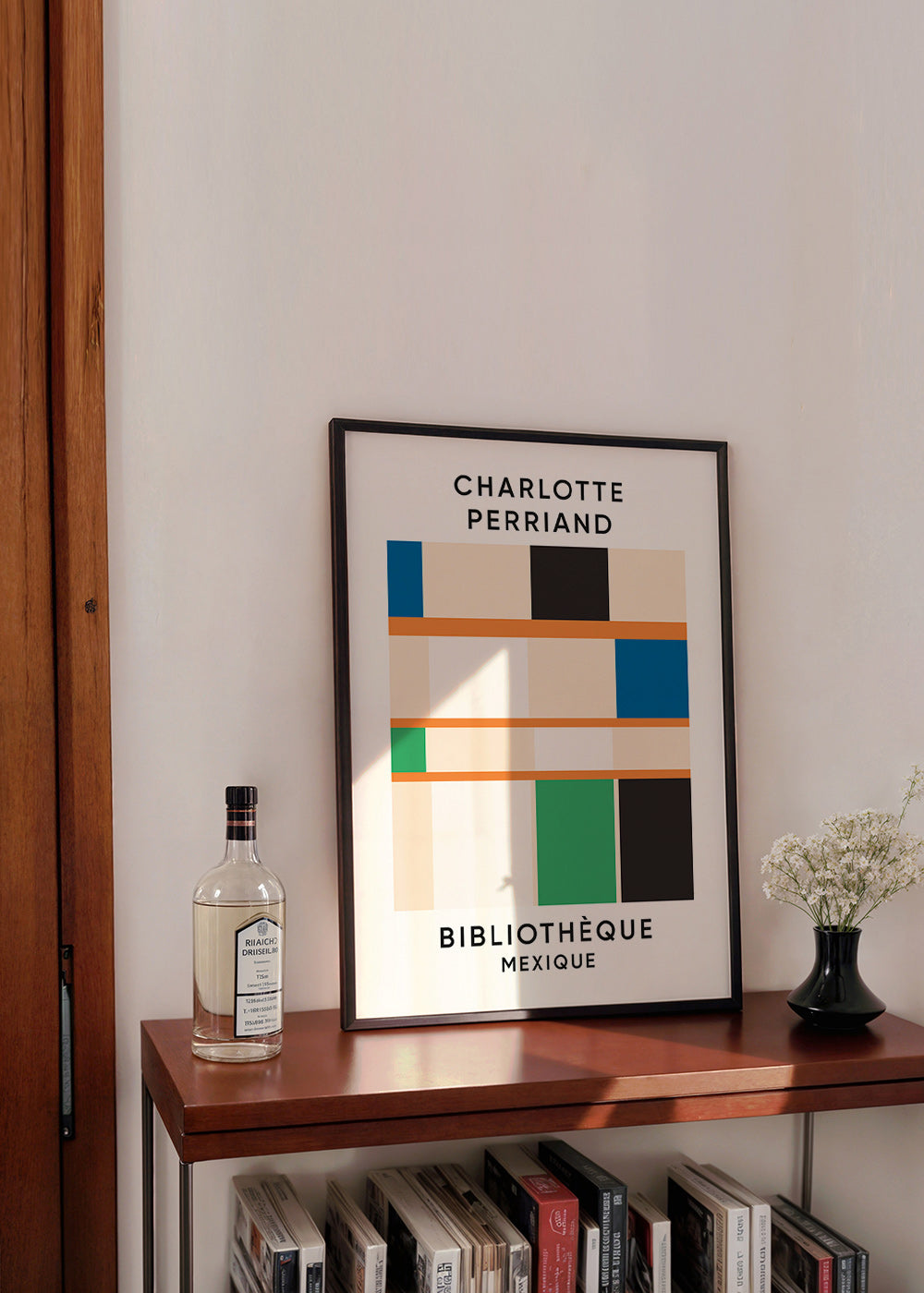 Quadro geométrico com blocos e tipografia 'Bibliothèque'