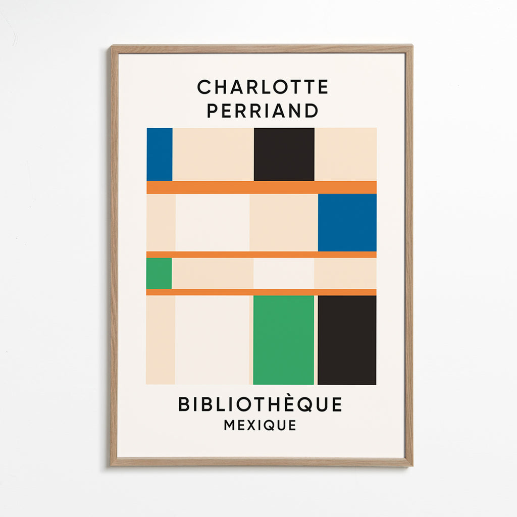 Quadro geométrico com blocos e tipografia 'Bibliothèque'