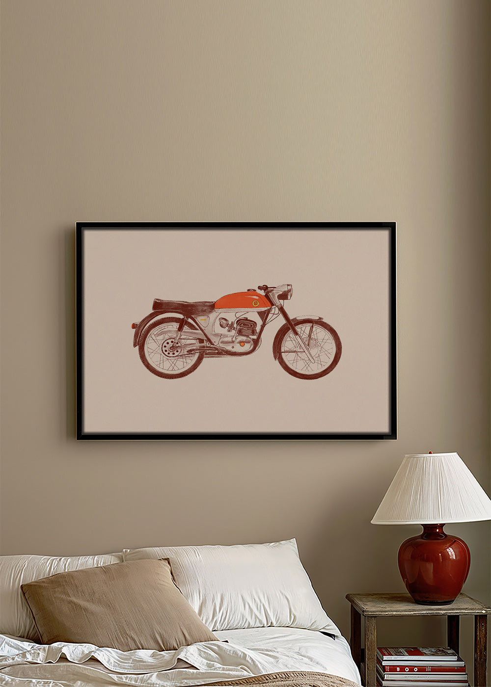 Estampa vintage moto vermelha ilustrada