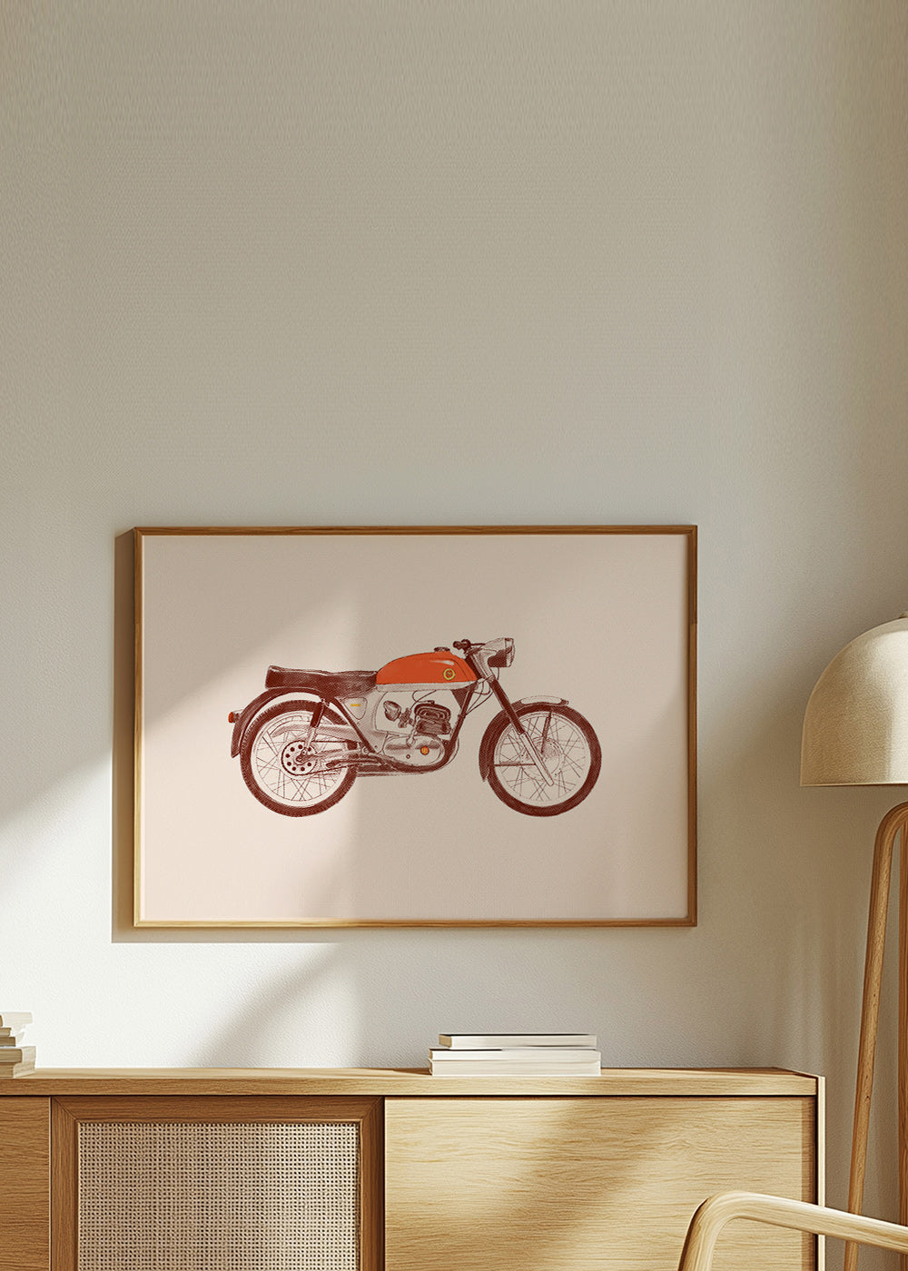 Estampa vintage moto vermelha ilustrada