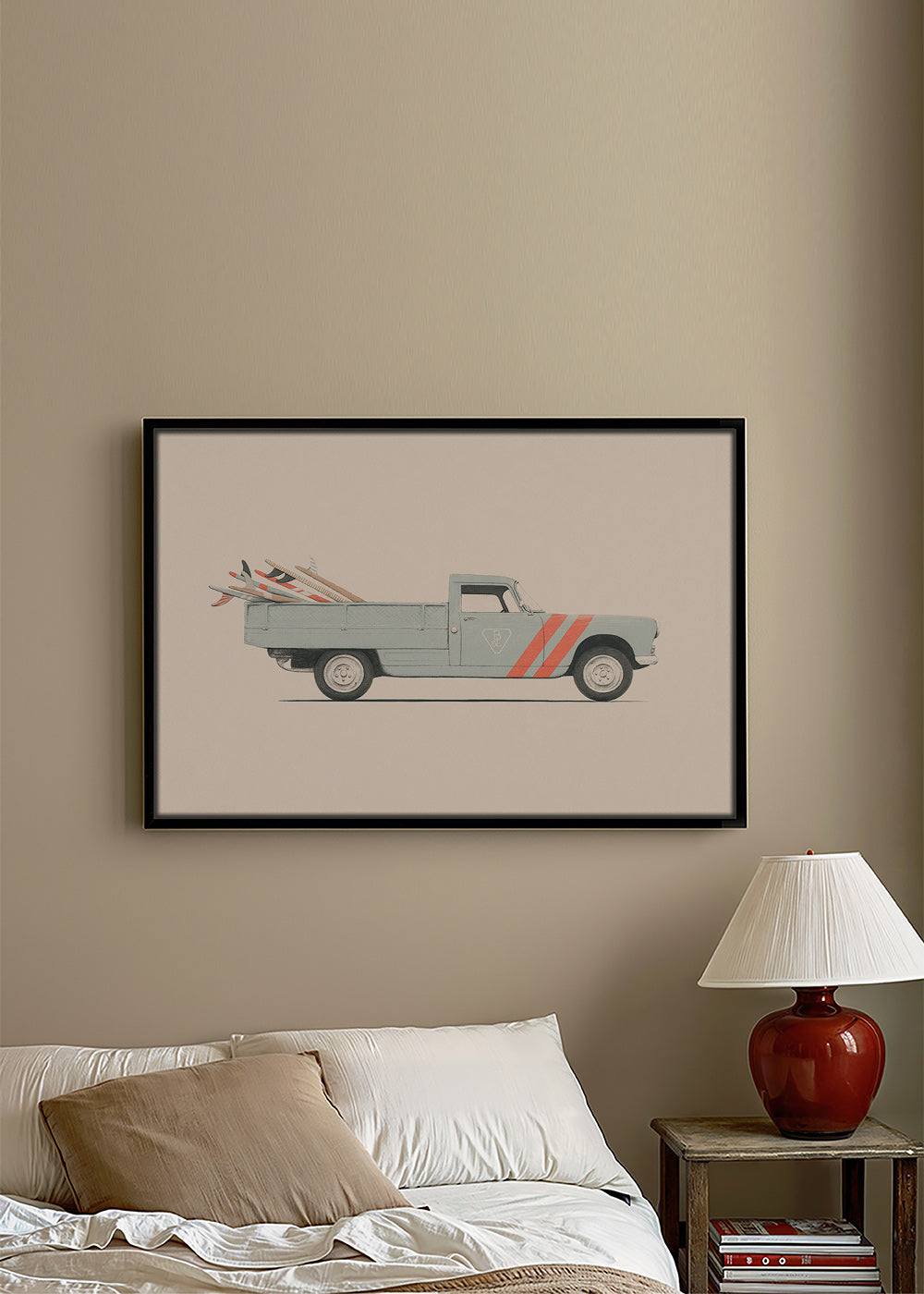 Arte vintage pickup com pranchas de surf