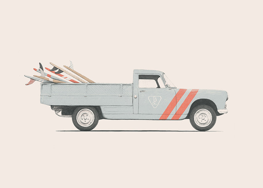 Arte vintage pickup com pranchas de surf