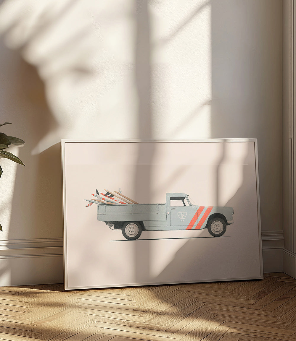 Arte vintage pickup com pranchas de surf