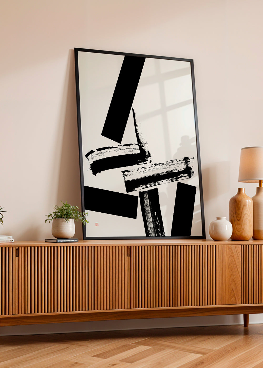 Quadro abstrato com gestos negros marcantes