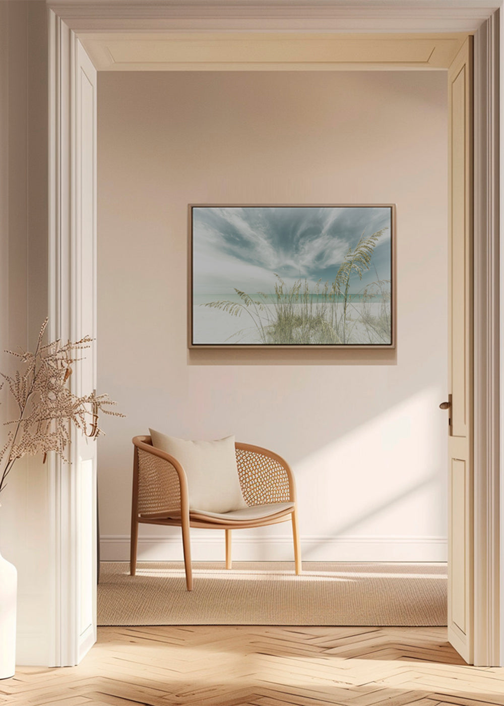 Quadro paisagem: praia serena com ervas costeiras
