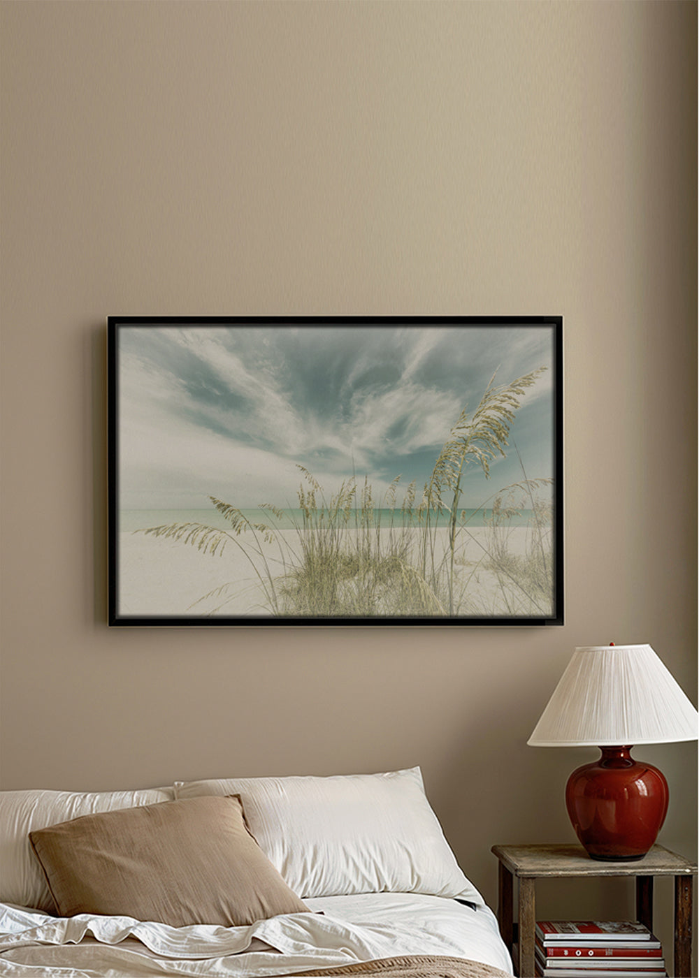 Quadro paisagem: praia serena com ervas costeiras