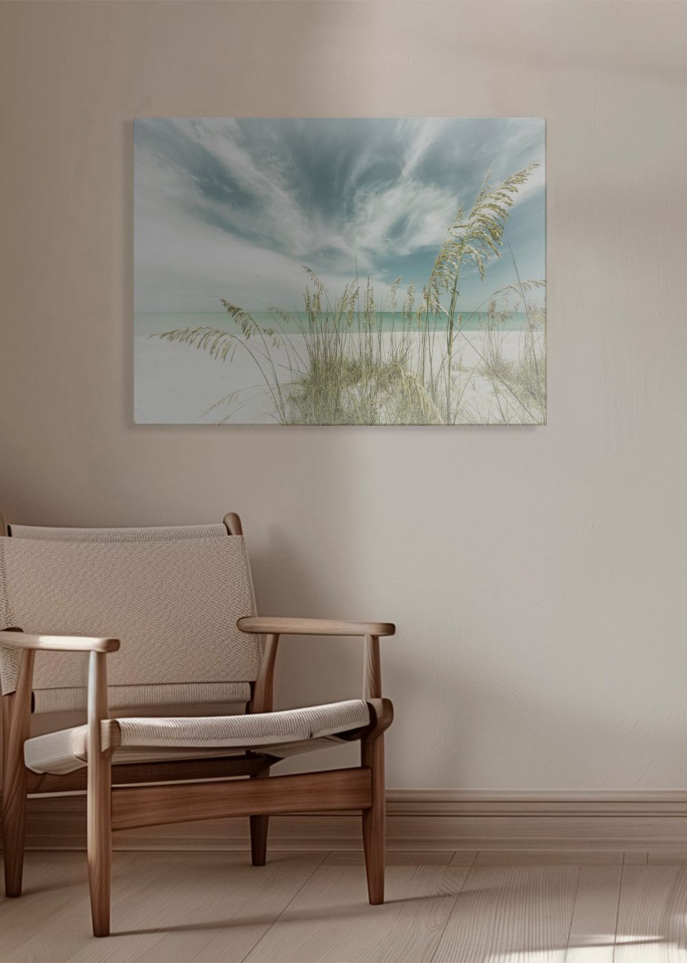 Quadro paisagem: praia serena com ervas costeiras