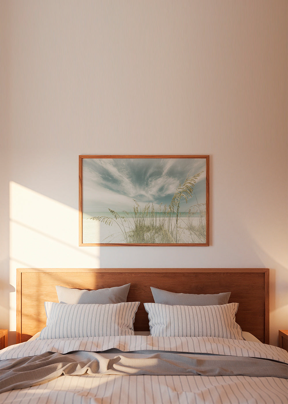 Quadro paisagem: praia serena com ervas costeiras