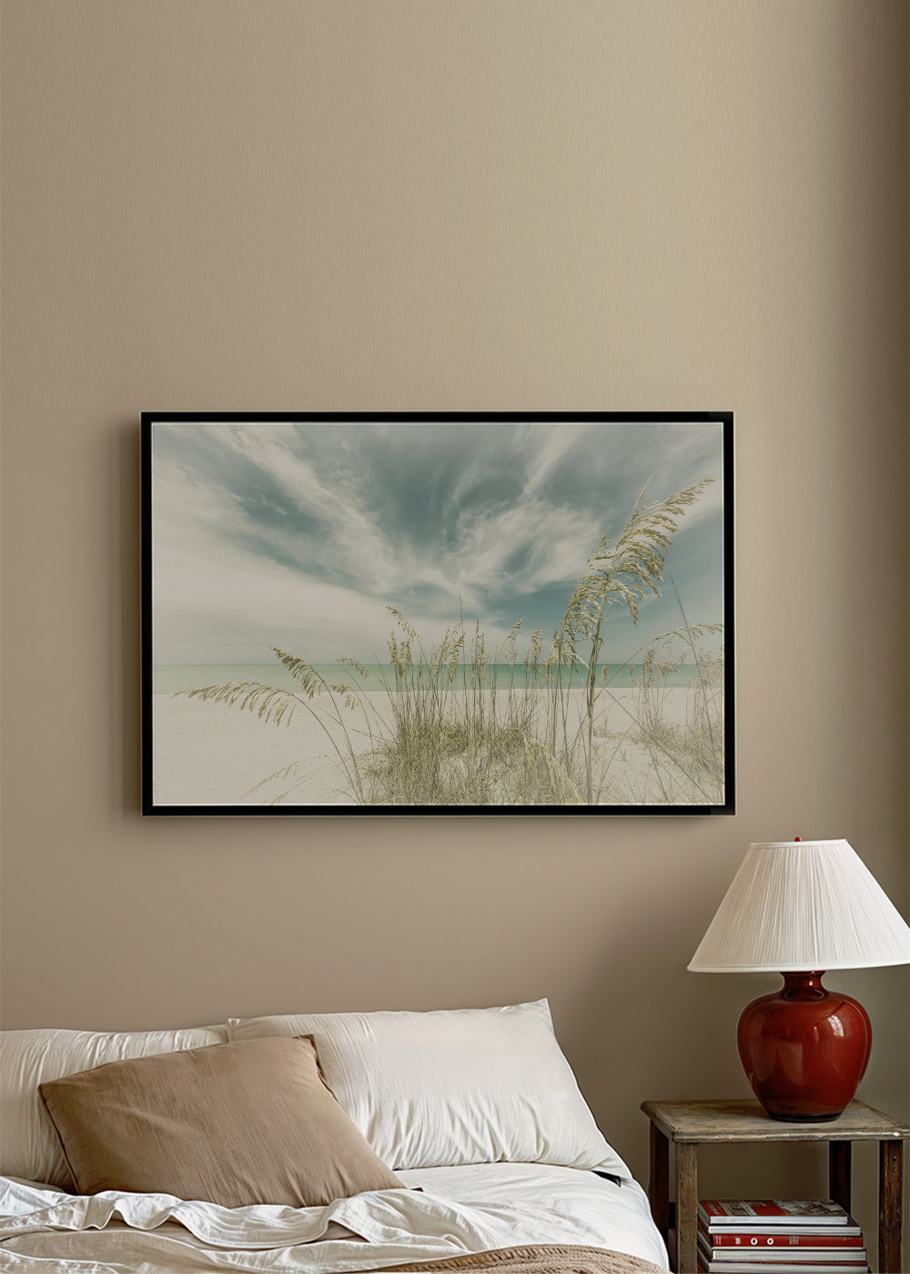 Quadro paisagem: praia serena com ervas costeiras