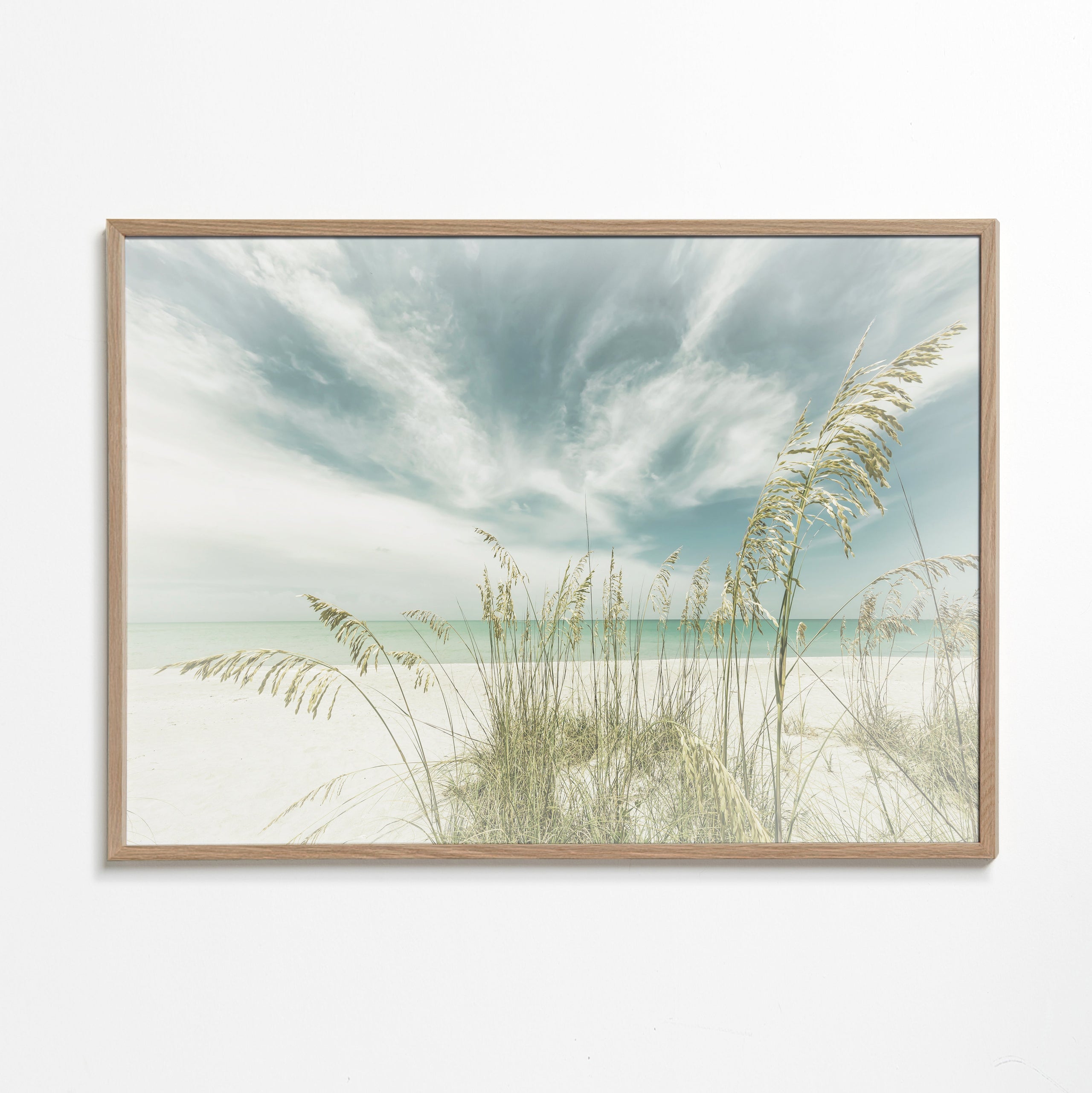 Quadro paisagem: praia serena com ervas costeiras