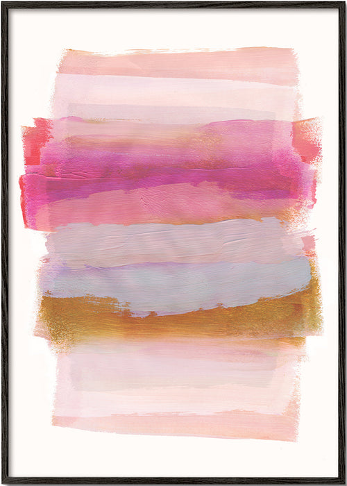 Quadro abstrato pinceladas rosa e dourado