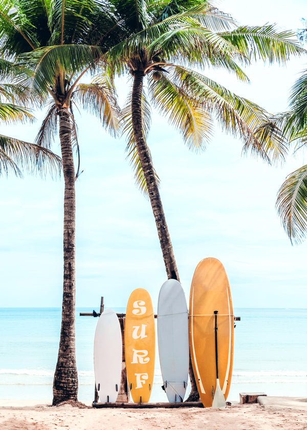Arte desportiva: pranchas de surf numa praia tropical