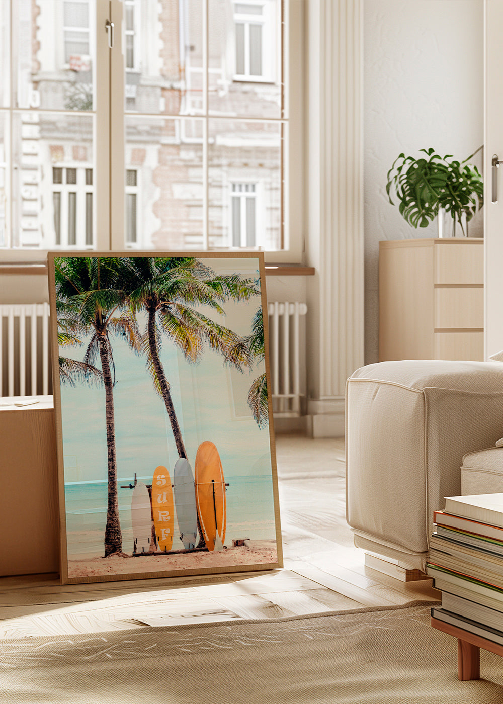 Arte desportiva: pranchas de surf numa praia tropical