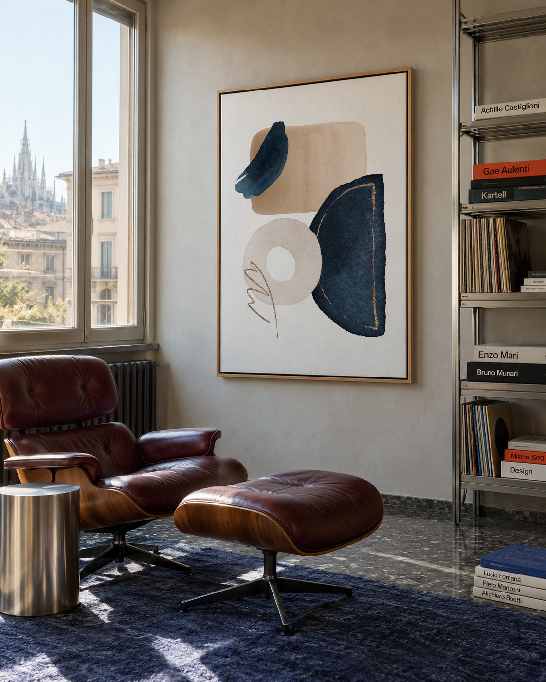 Watercolor Shapes in Navy 2 - Framed canvas in an interior
