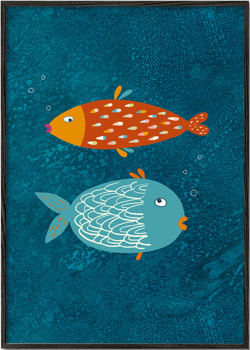 Quadro peixes divertidos em fundo azul