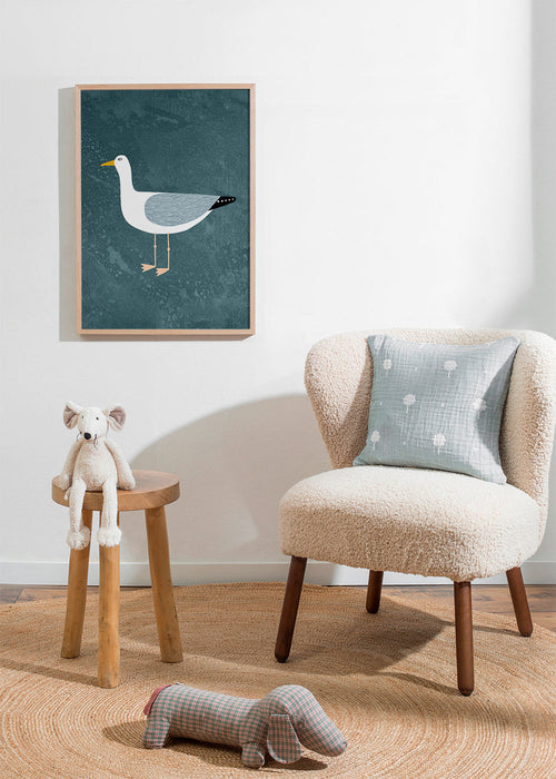 Quadro de gaivota ilustrada sobre fundo azul