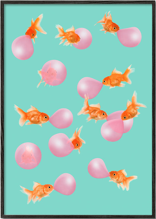 Quadro peixe dourado com bolhas rosas