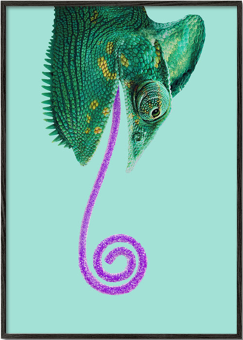 Quadro camaleão verde com língua em espiral