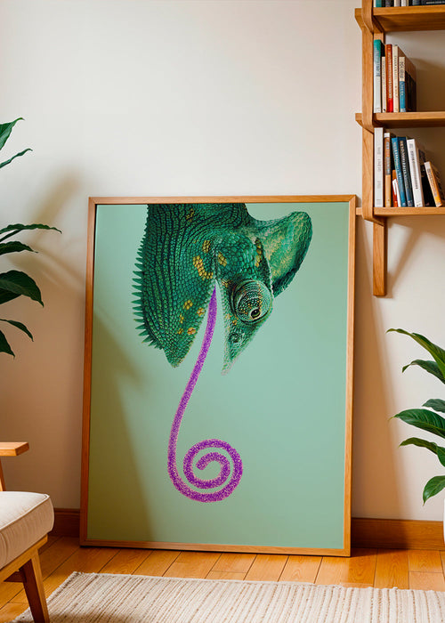 Quadro camaleão verde com língua em espiral