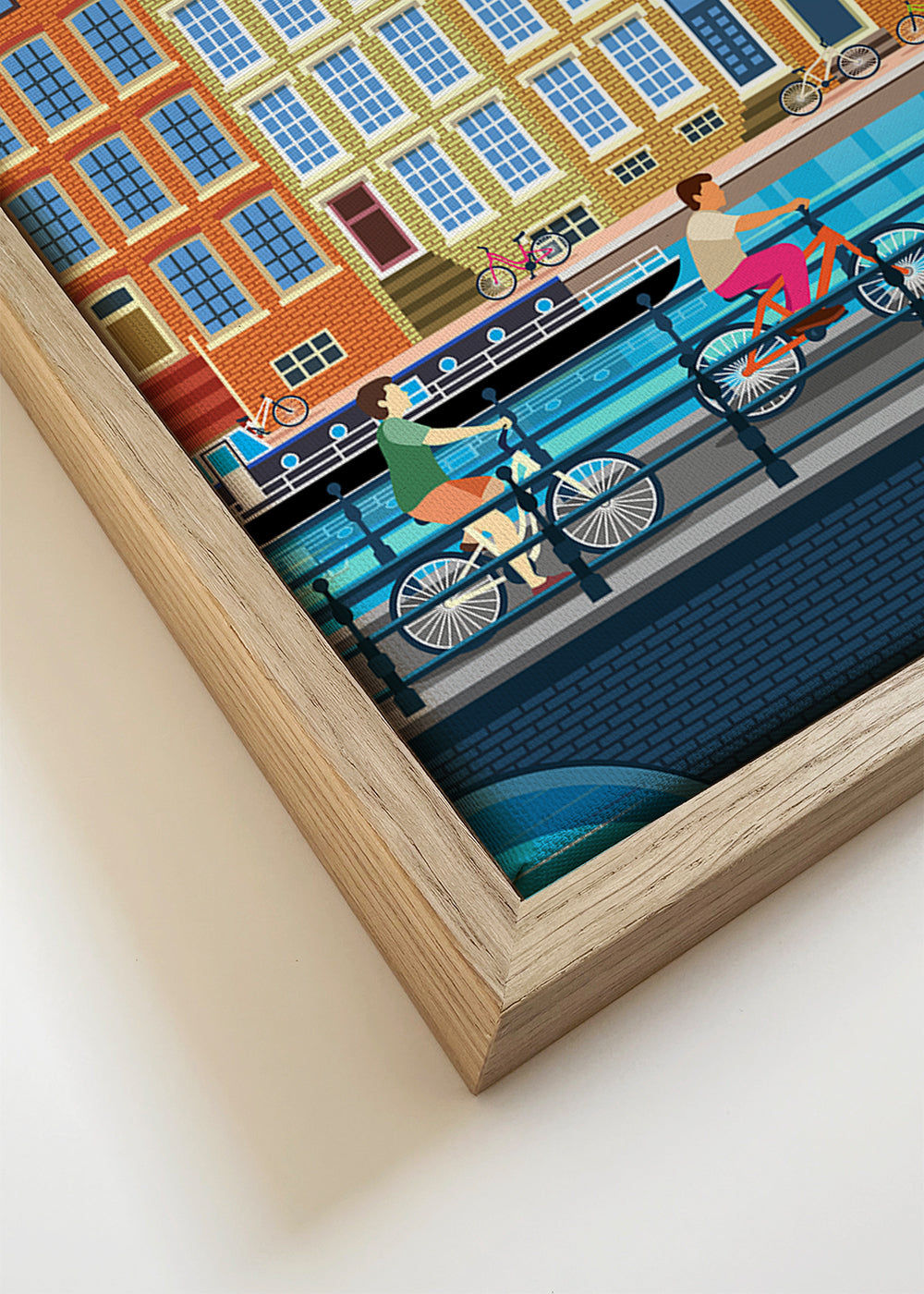 Quadro de cidades Amsterdã com canais e bicicletas