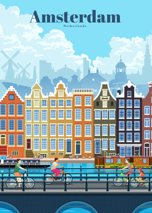 Quadro de cidades Amsterdã com canais e bicicletas
