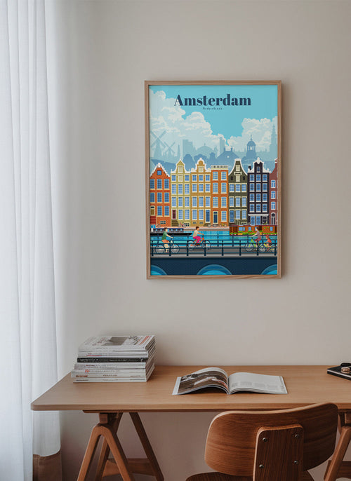 Quadro de cidades Amsterdã com canais e bicicletas