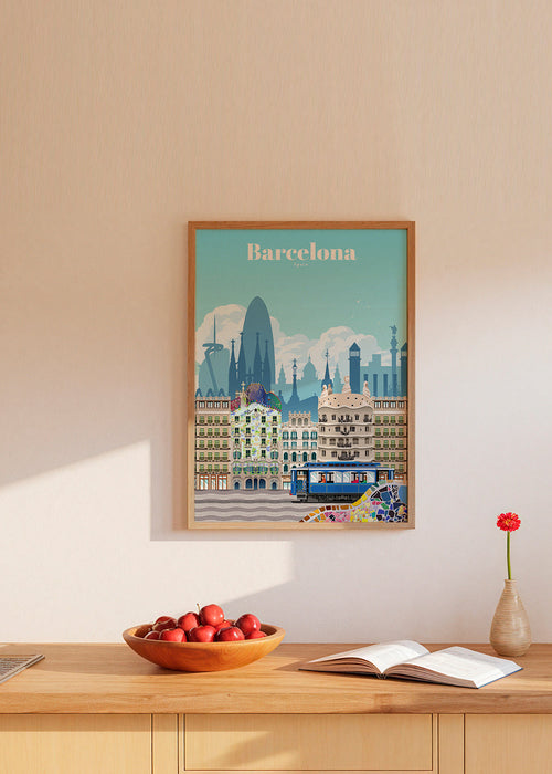 Quadro de cidades Barcelona em ilustração colorida