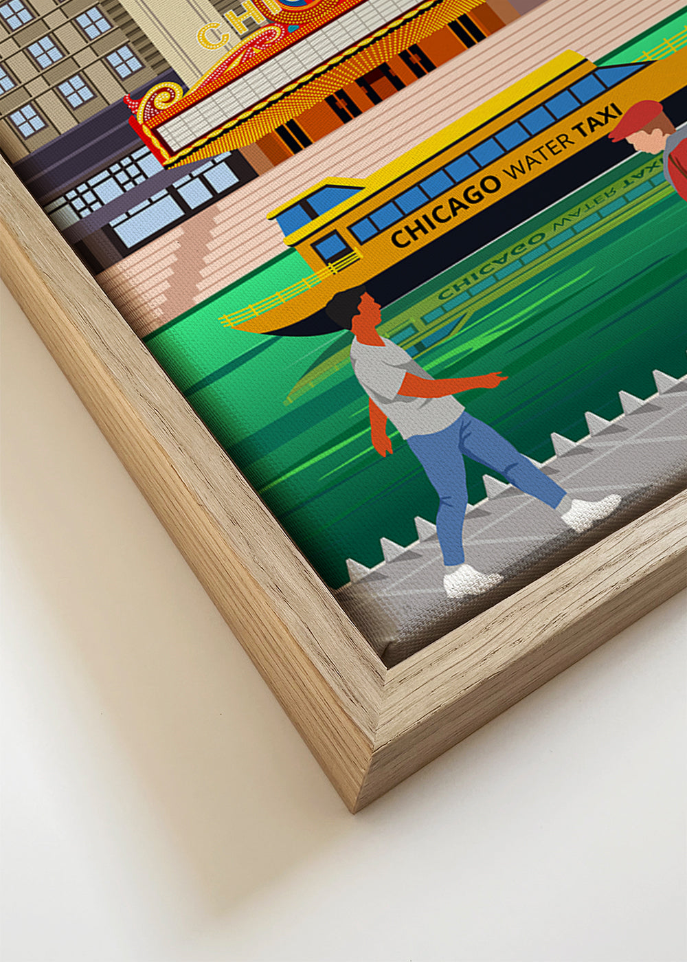 Quadro de viagem: skyline de Chicago com táxi aquático