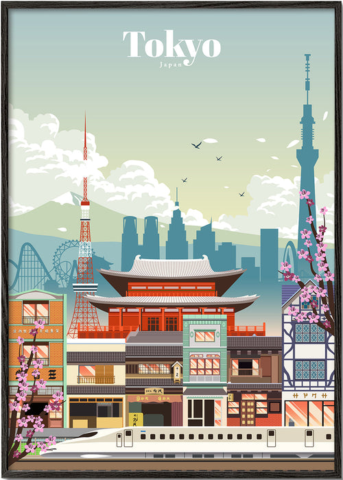 Poster de Tokyo com templo e shinkansen