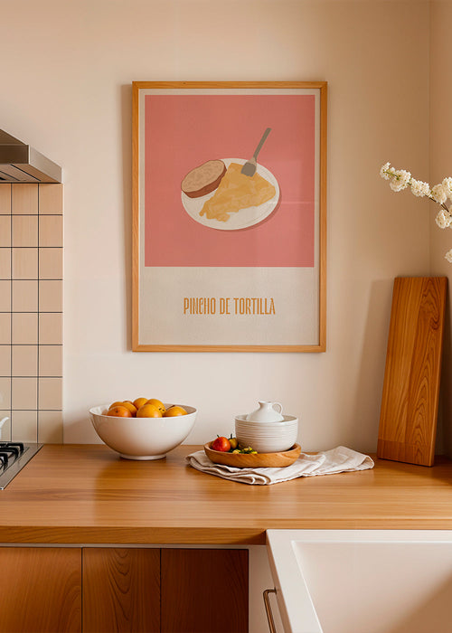 Arte para cozinha: pincho de tortilla em fundo rosa