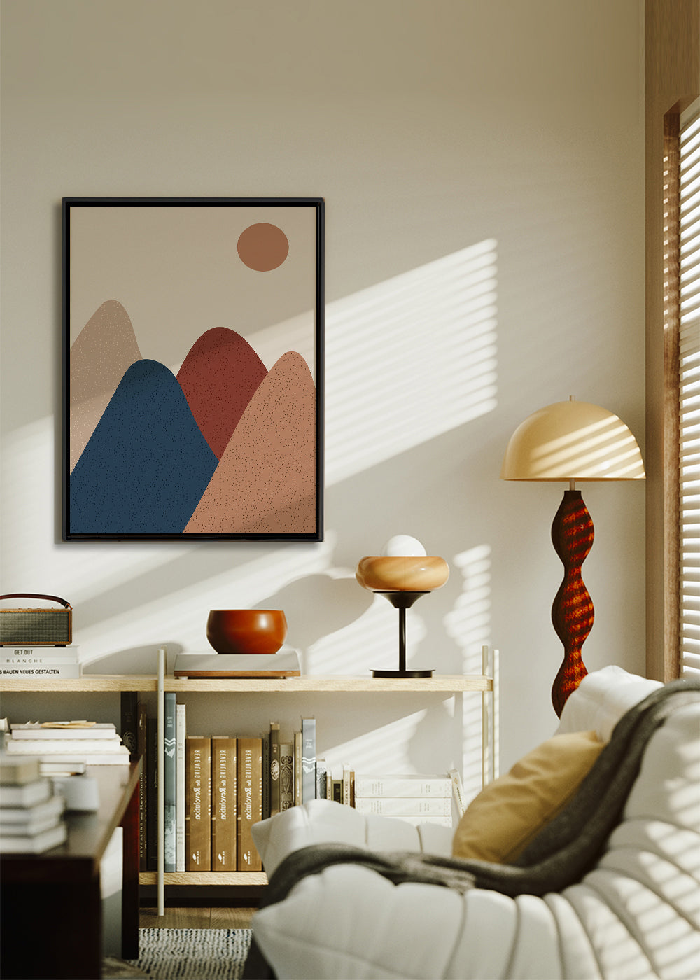 Quadro de paisagem: montanhas minimalistas em tons quentes