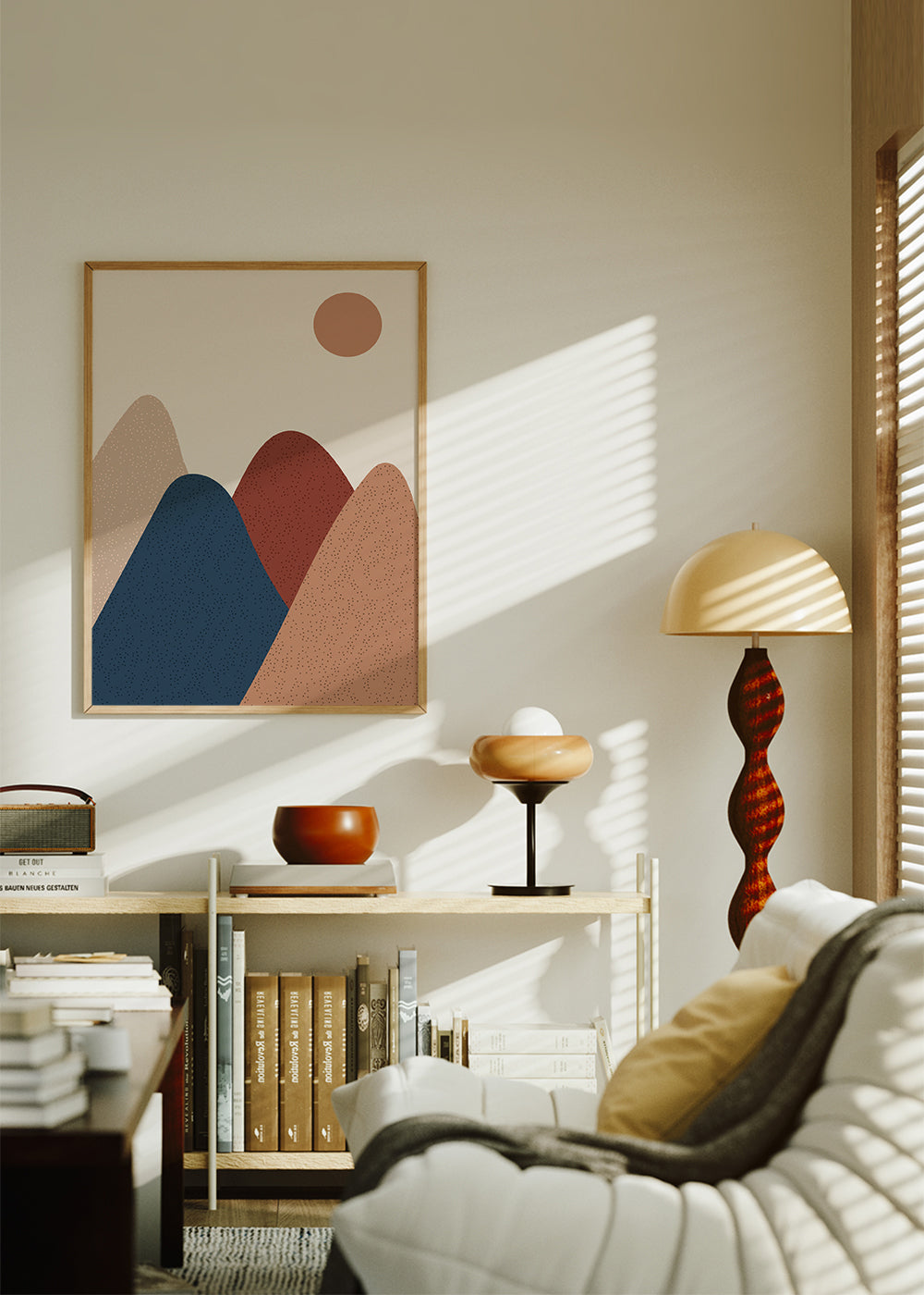 Quadro de paisagem: montanhas minimalistas em tons quentes