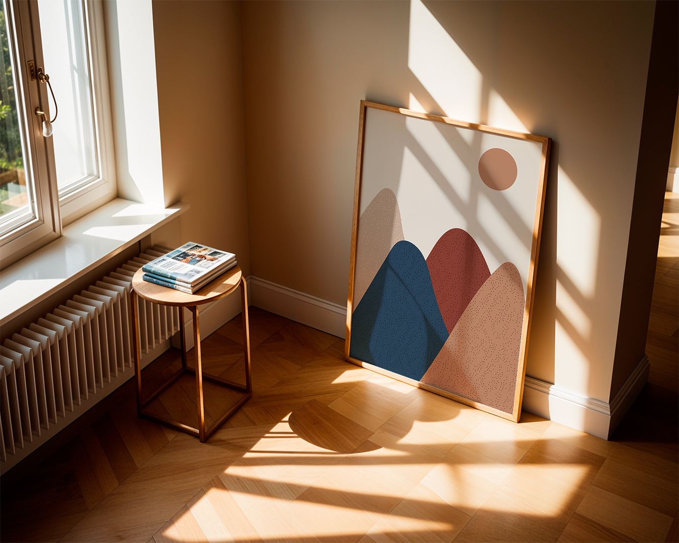 Quadro de paisagem: montanhas minimalistas em tons quentes