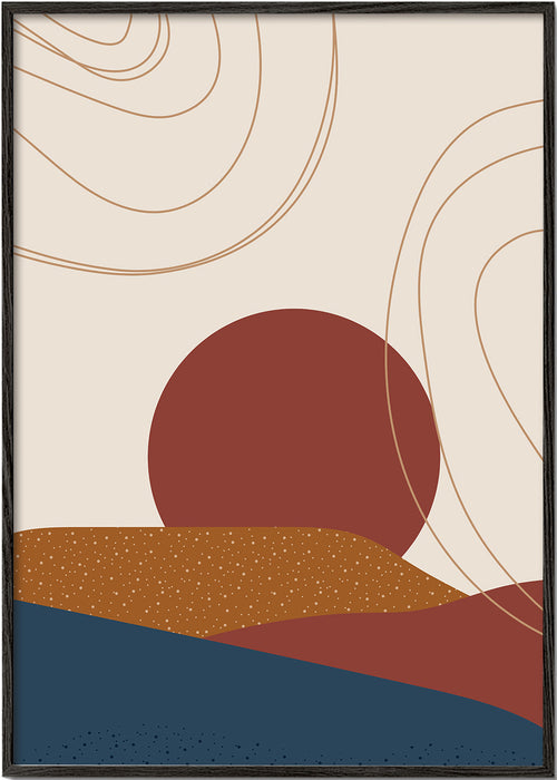 Obra abstrata: sol terracota e camadas onduladas