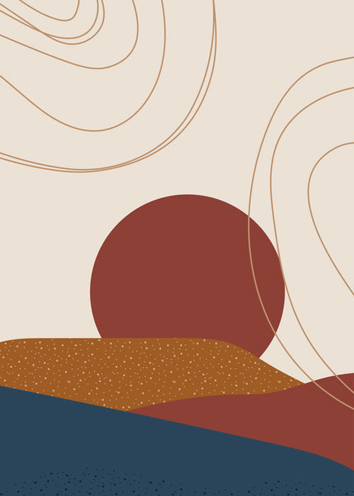 Obra abstrata: sol terracota e camadas onduladas