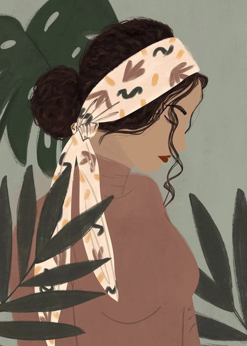 Estampa botânica: mulher em perfil entre folhas